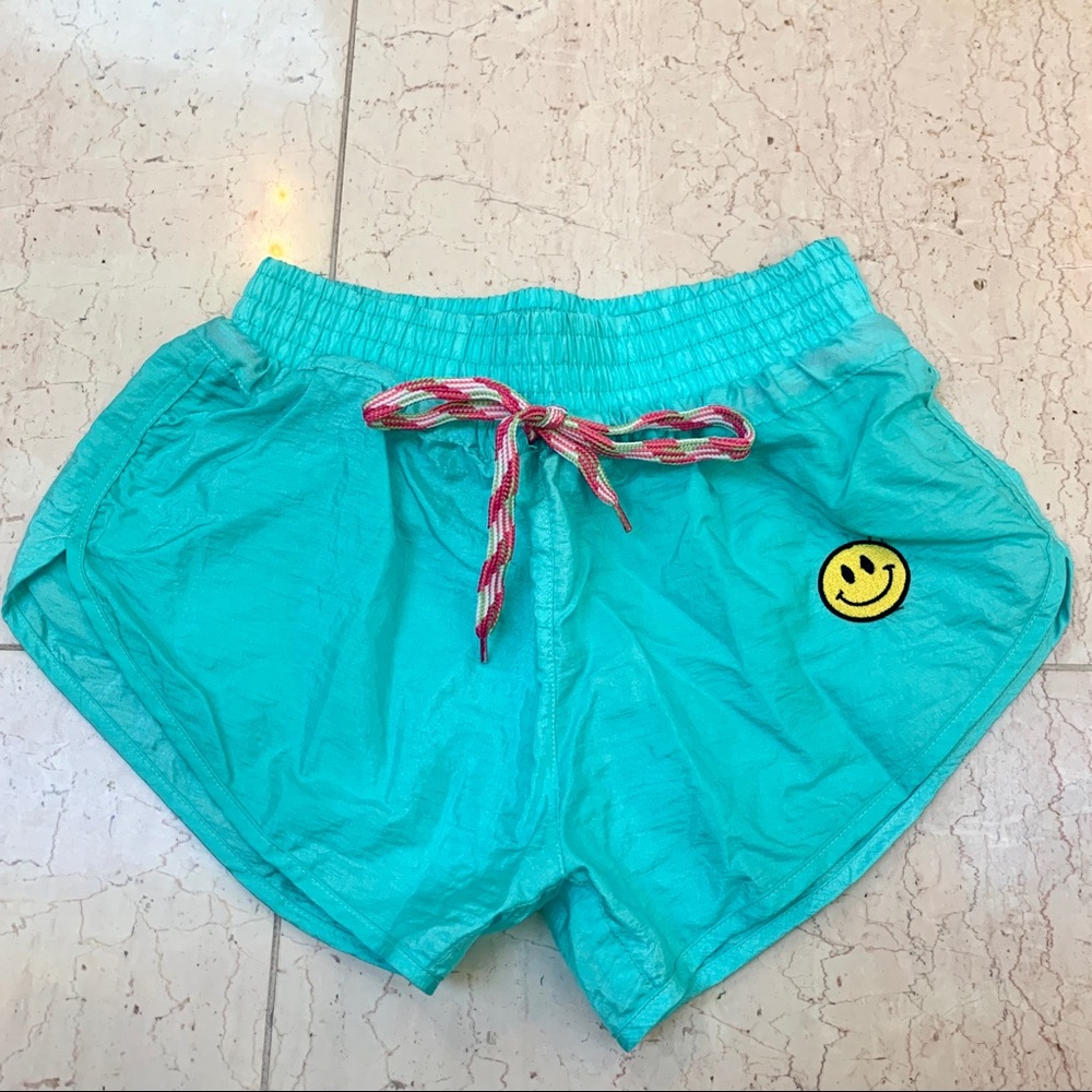 Bright Turqoise Sport Shorts with Smiley Face